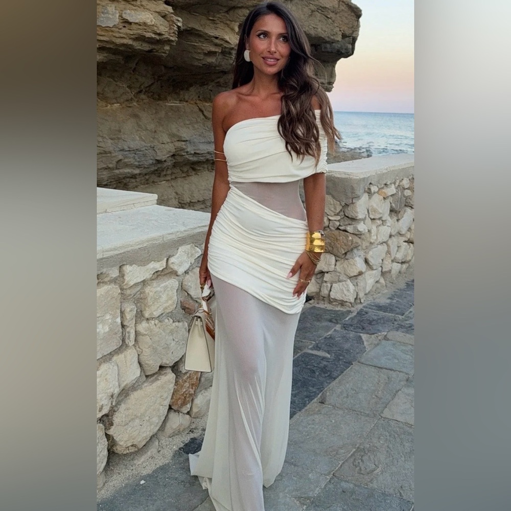 MESHKI Dallas One Shoulder Mesh Maxi Dress in Ivory